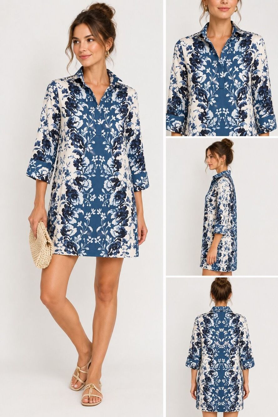 Tuckernuck Indigo Reflection Megan Dress M Blue Floral Stretch Cotton Mini